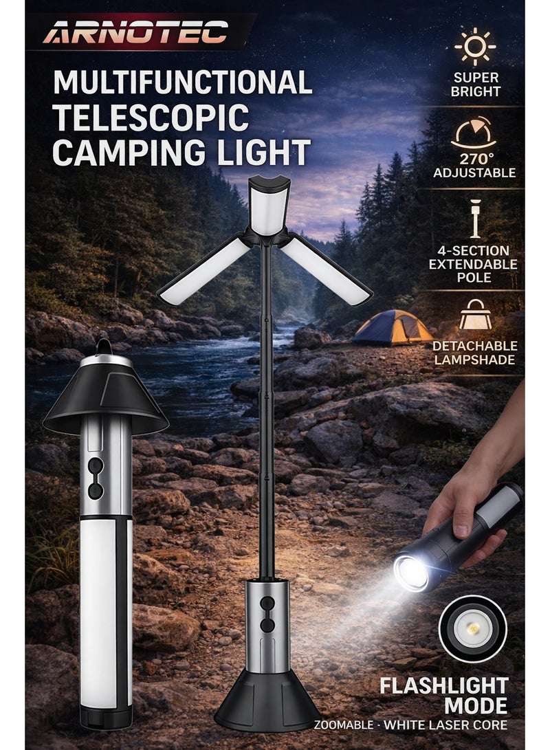 ARNOTEC Multifunctional Telescopic Camping Light & Flashlight 2-in-1, 270° Adjustable Warm Light Lantern, 4-Section Extendable Pole 51.8cm, White Laser Core + 54 LEDs, Type-C Rechargeable, 3000mAh, Detachable Lampshade, Outdoor Portable Light - Image 1